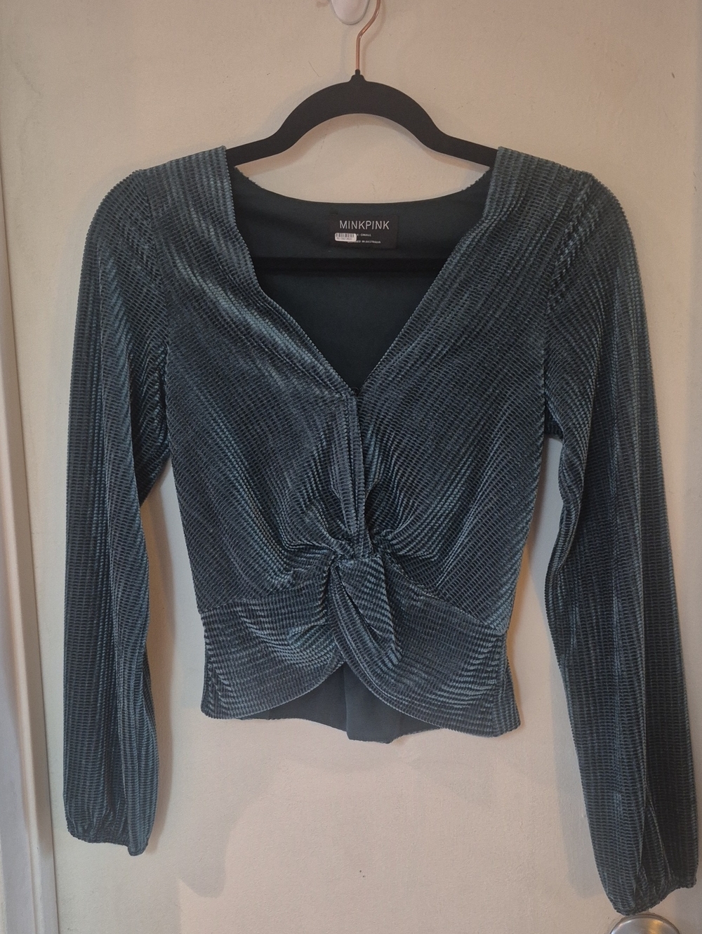 MINKPINK Slate Blue Velvet Twist Front Long Sleeve Top